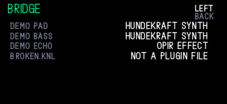 The bridge's settings page: two Hundekraft synths and an op1r effect loaded, a broken file refused